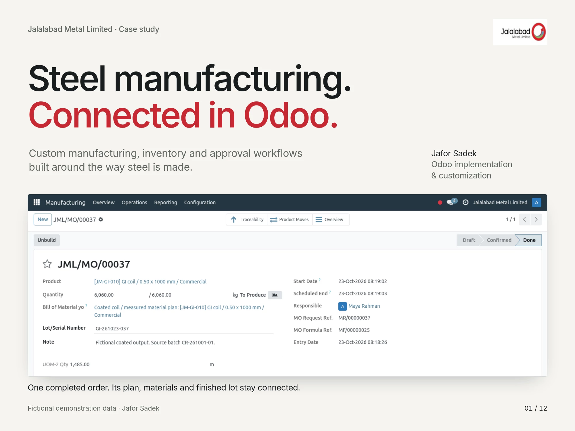 JML steel manufacturing ERP overview with production, procurement and stock interfaces.
