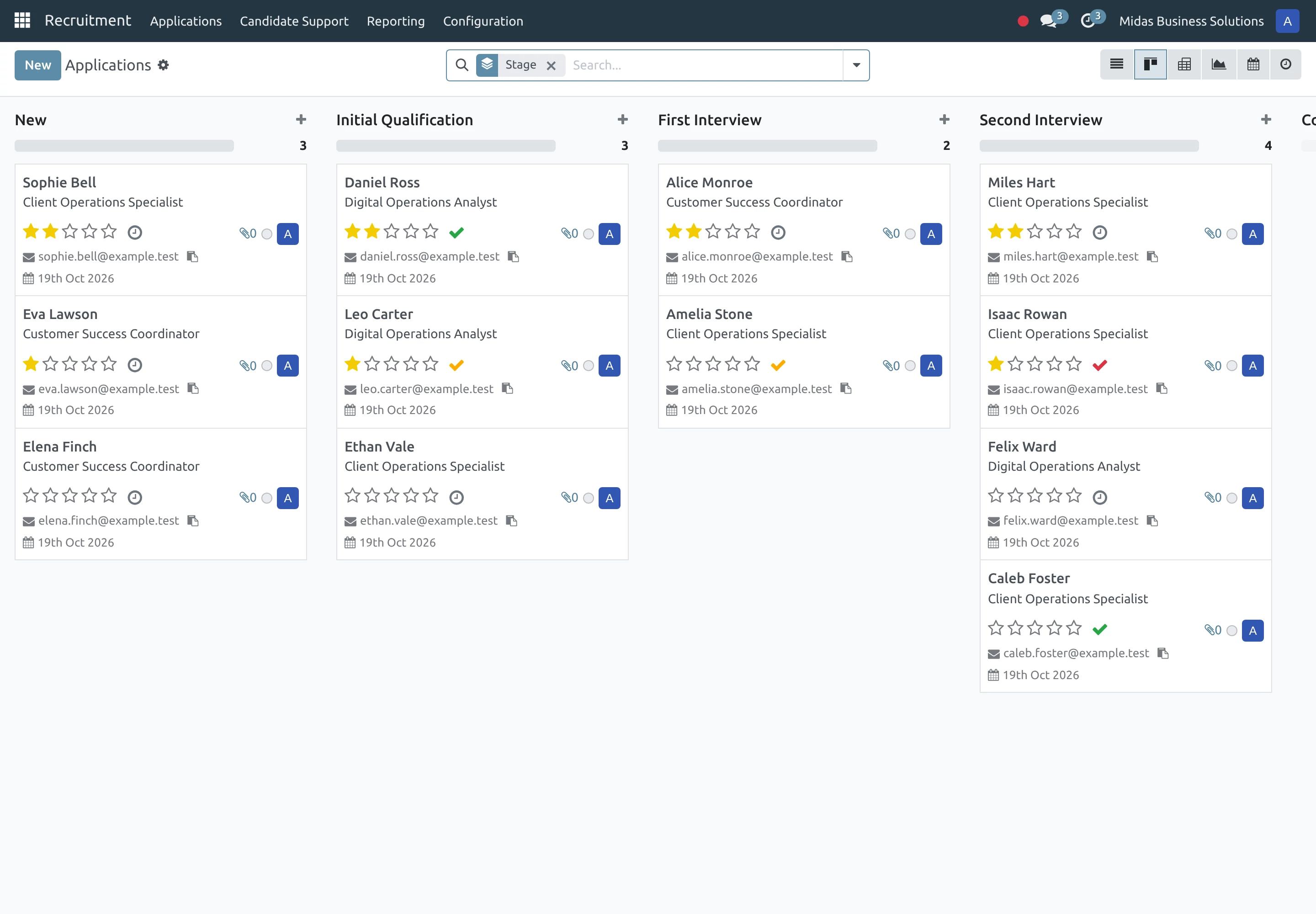 The connected Odoo recruitment board showing candidates through the hiring stages.