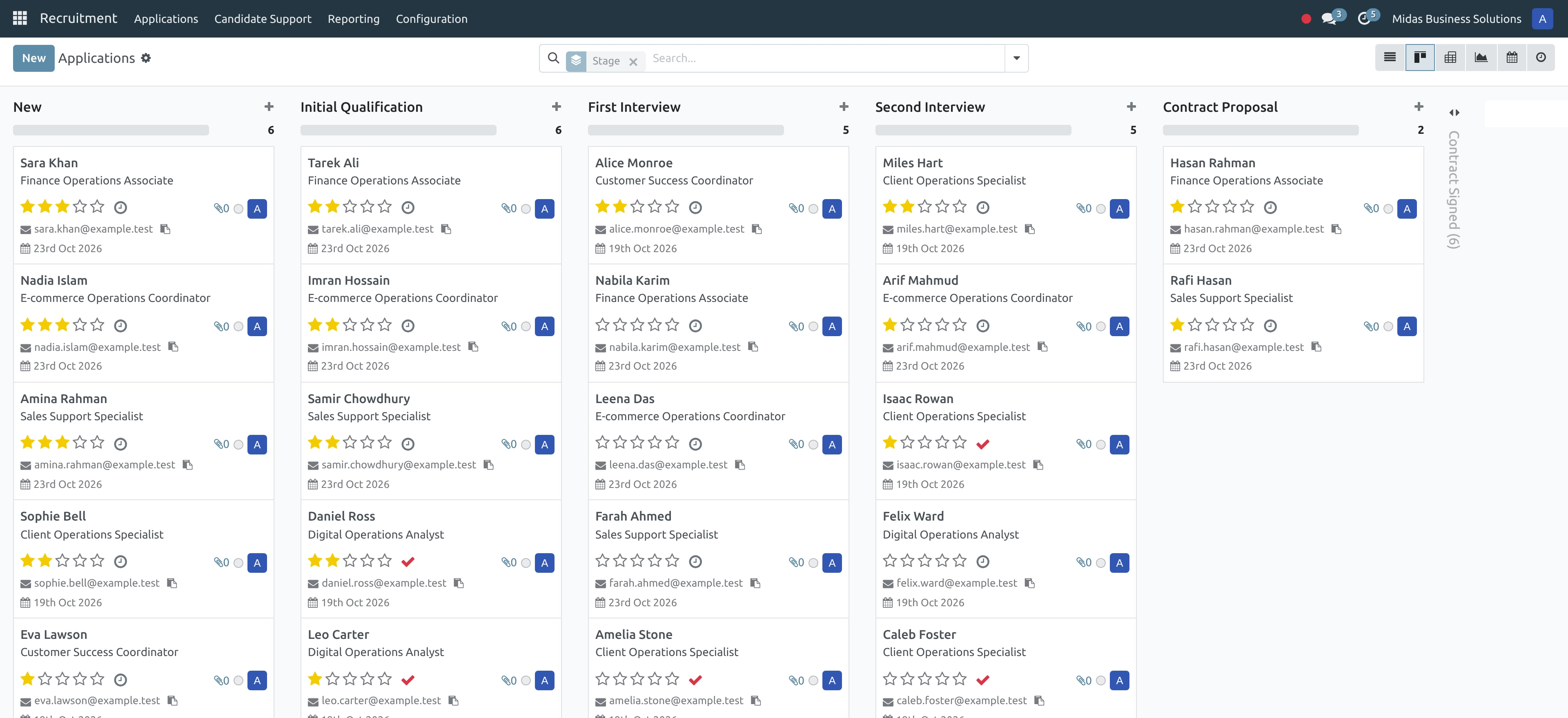 Fictional applicants across departments and interview stages in Odoo recruitment