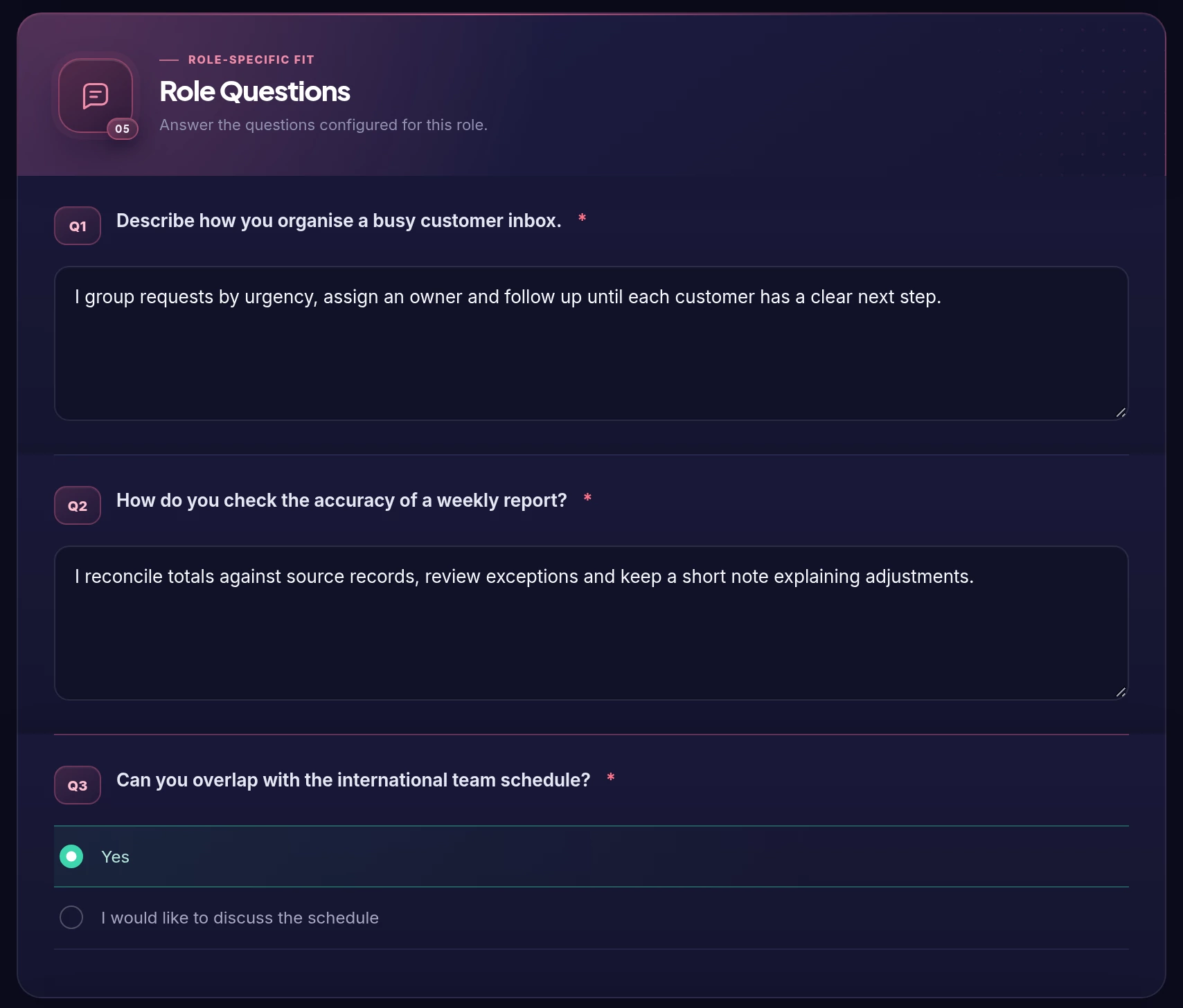 Role-specific application questions with fictional written answers and availability