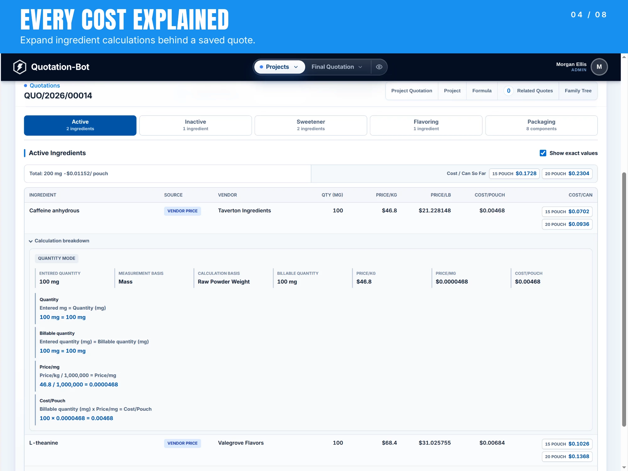 Expanded ingredient costing with quantity mode, unit prices and price per pouch and can