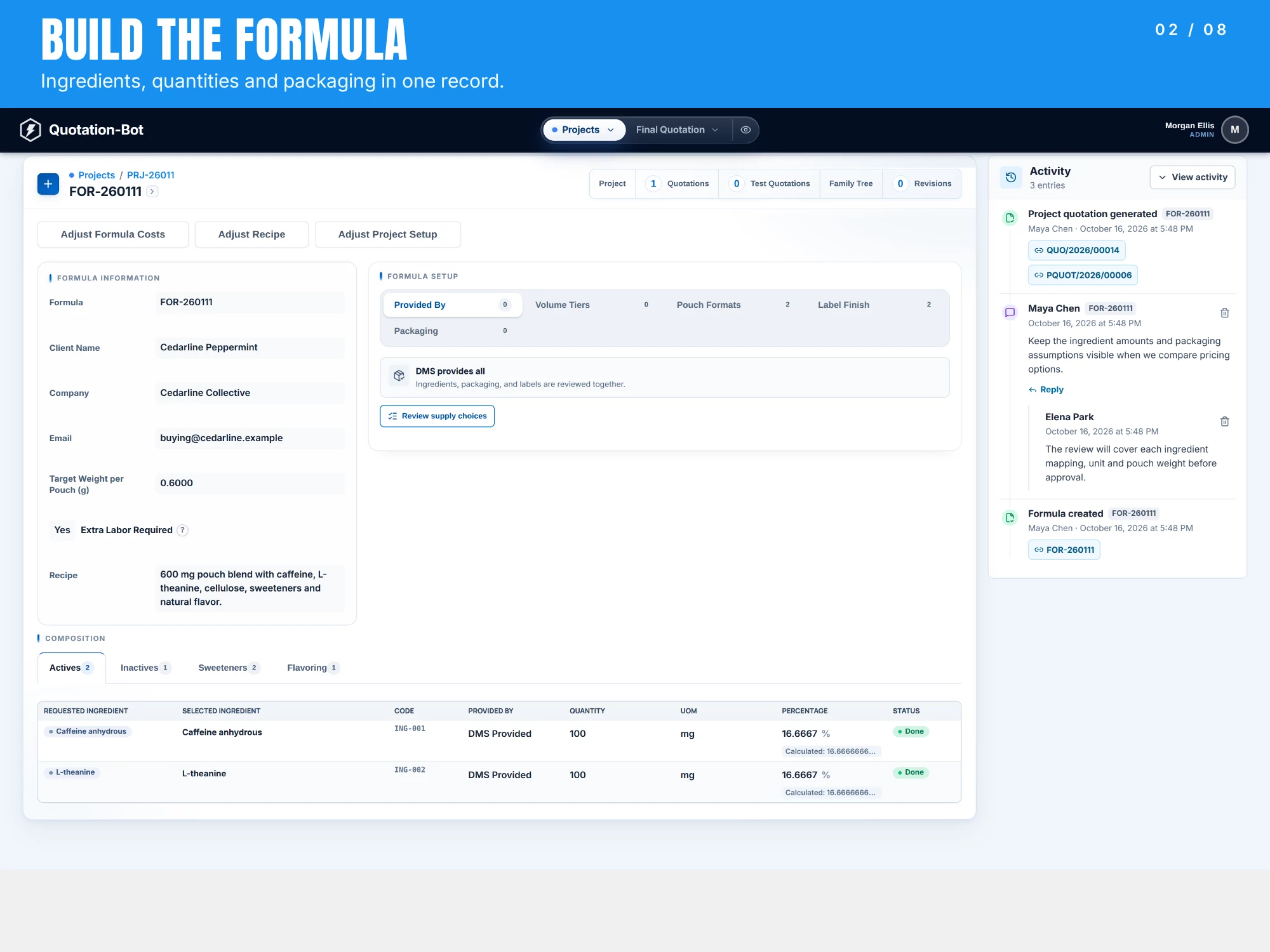 Formula record showing ingredients, quantities, packaging and the activity discussion