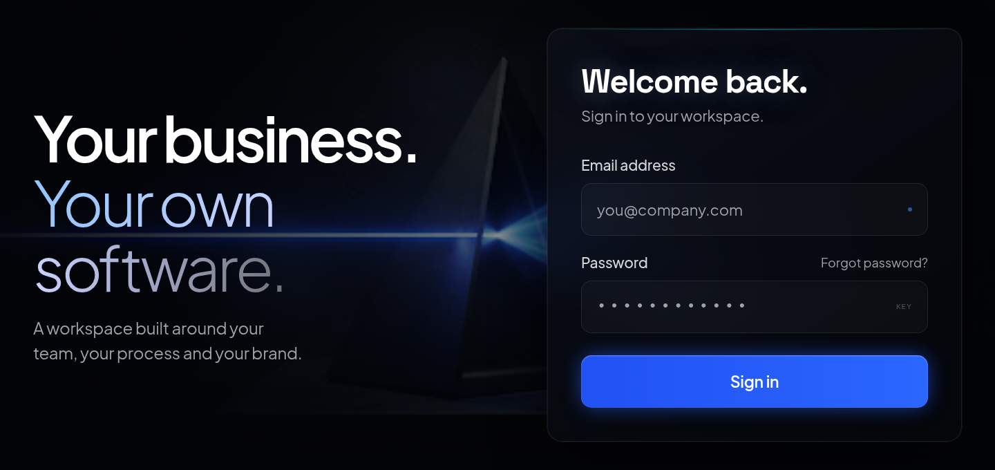 Custom workspace login concept with a dark prism background and blue sign-in panel.